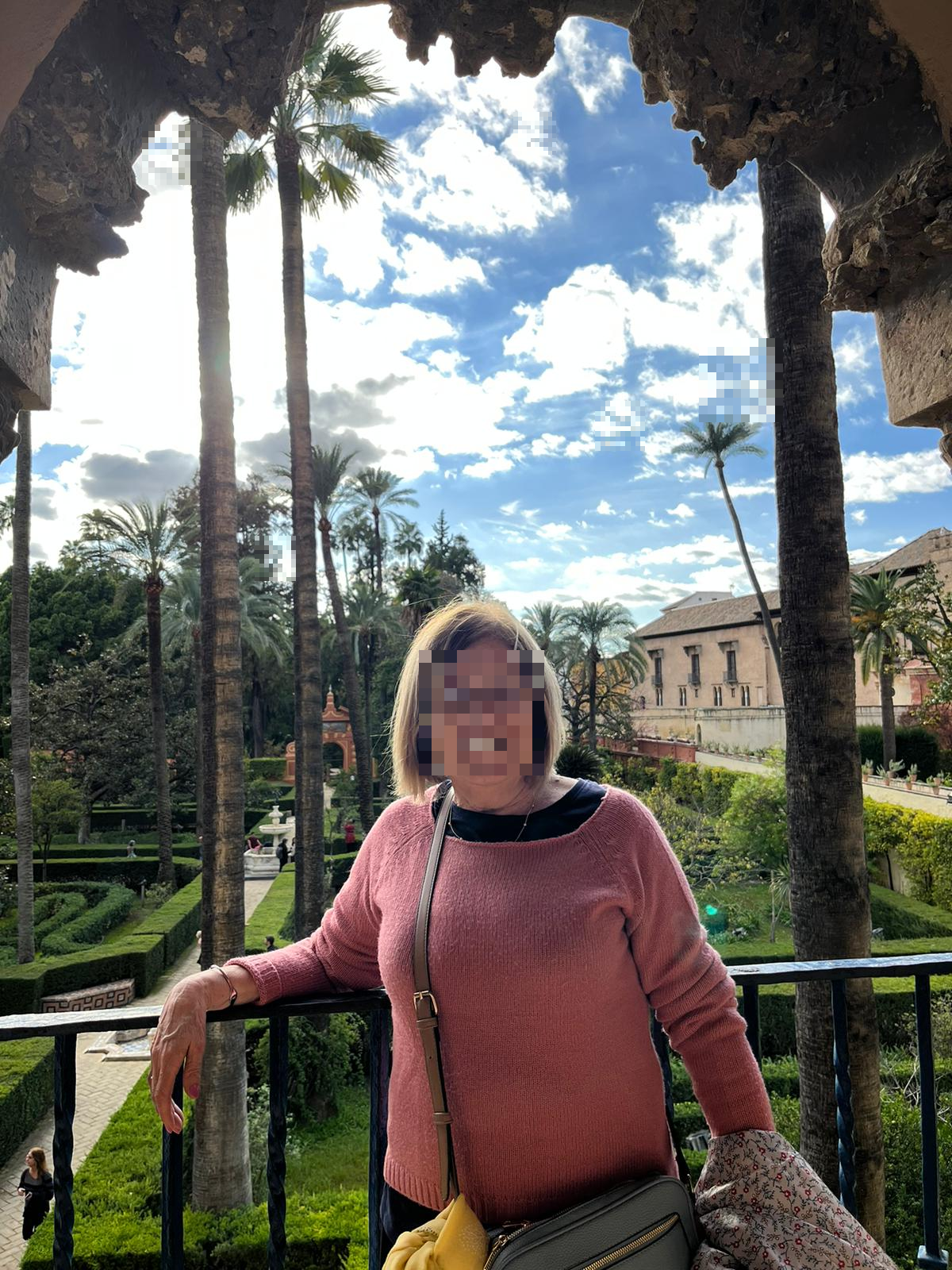 Vista desde el mirador hacia los jardines del Real Alcázar de Sevilla, con palmeras y senderos perfectamente cuidados.